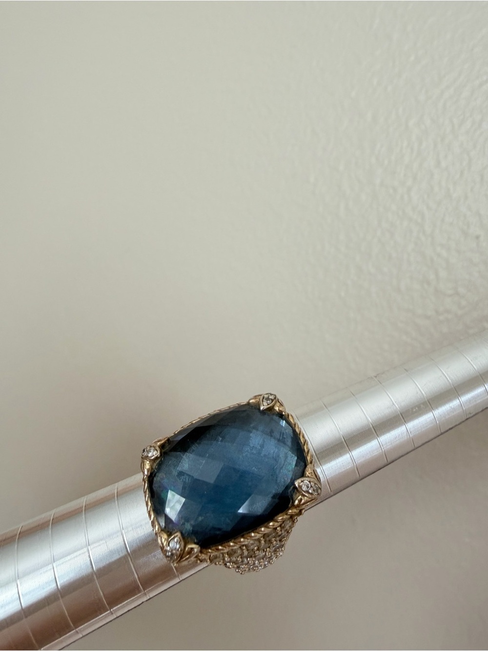 RARE Judith Ripka 925 Gold-Tone Ring with Deep Blue Cabochon and Pavé Accents - Picture 8 of 11